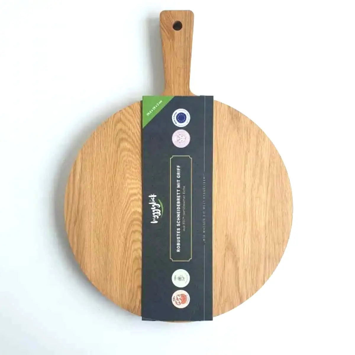 Okrągła deska do krojenia z drewna z rączką z estetycznym wykończeniem produktu, A round wooden cutting board with a handle and an aesthetic finish