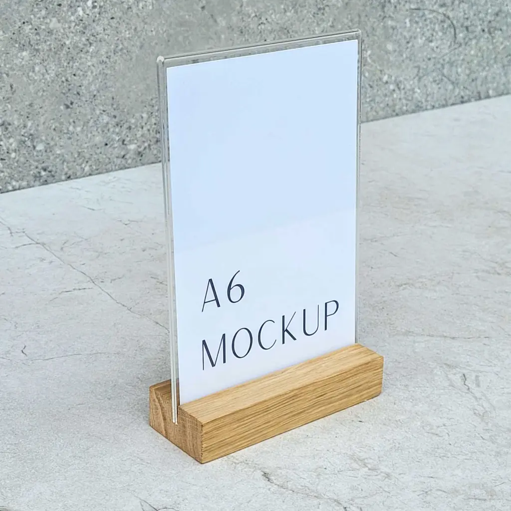 Oak menu stand 105x40x20 mm with acrylic pocket A6