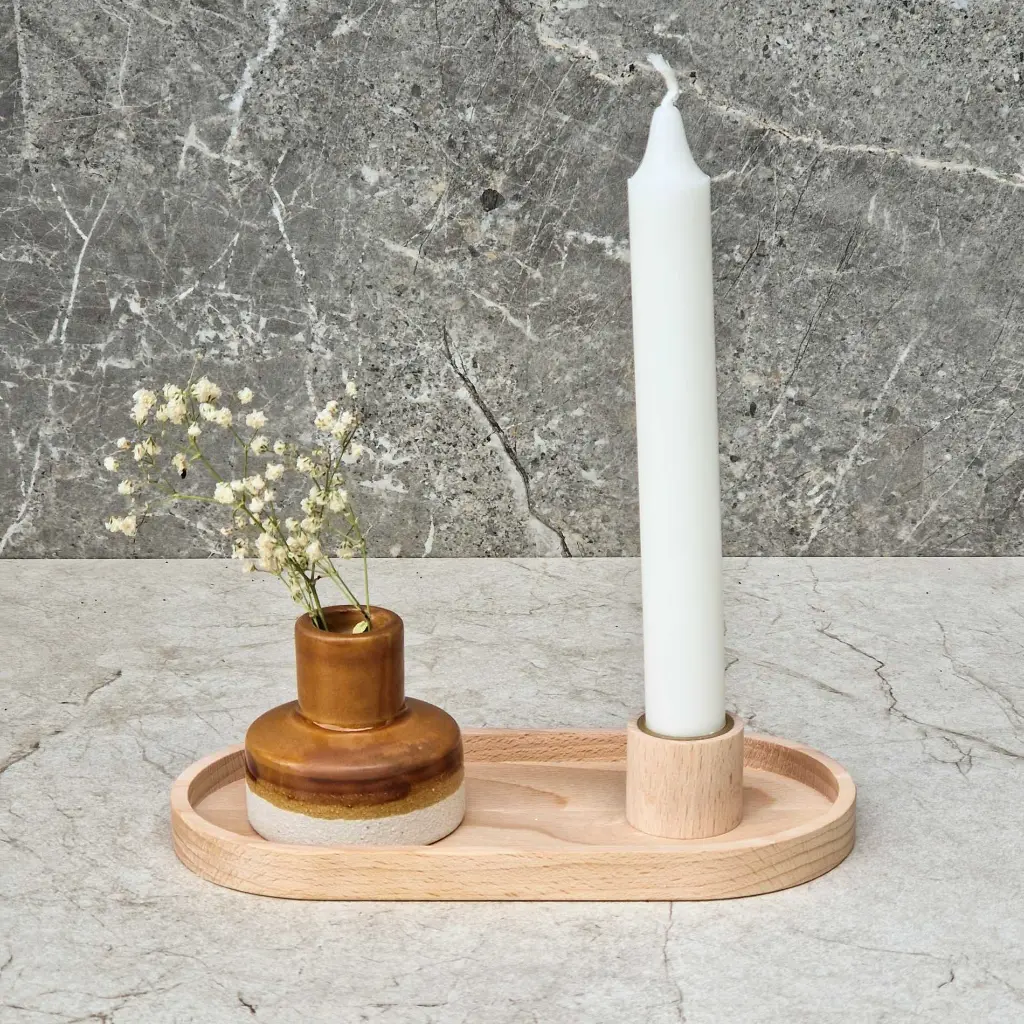 Beech tray with candle holder and golden cap 200x100x15mm