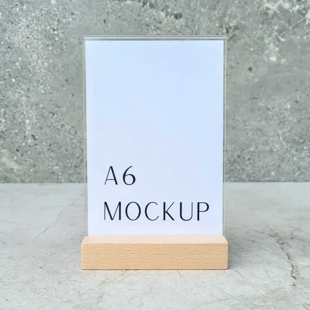 Beech menu stand 105x40x20 mm with acrylic pocket A6