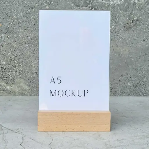 [BK40-00832-H-025303] Beech menu stand 150x40x40mm with A5 acrylic pocket