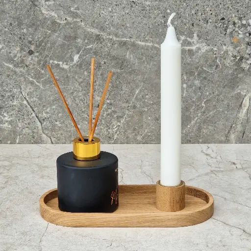 [DB15-00922-H-025352] Oak tray with candle holder and golden cap 200x100x15mm 